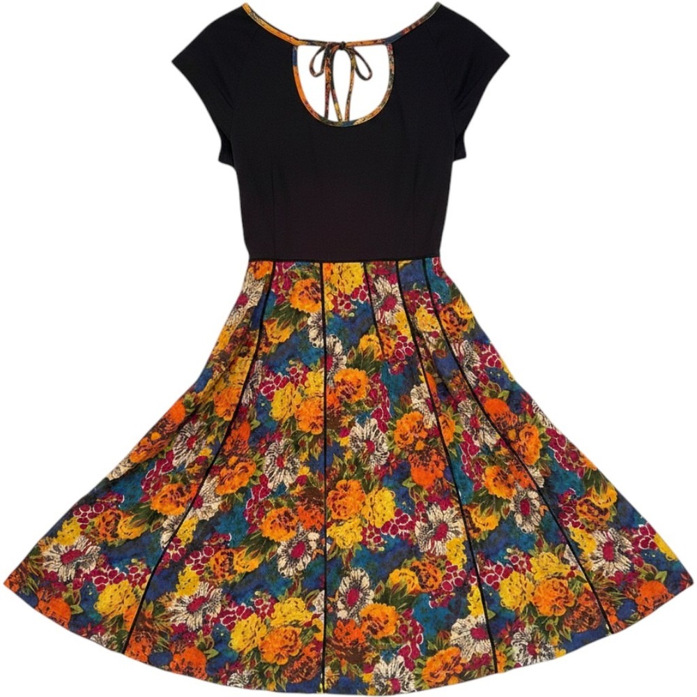 Viola Anthropologie Floral Tie‎ Neck Fit Flare Dress Women's 2 Black Boho Hippie